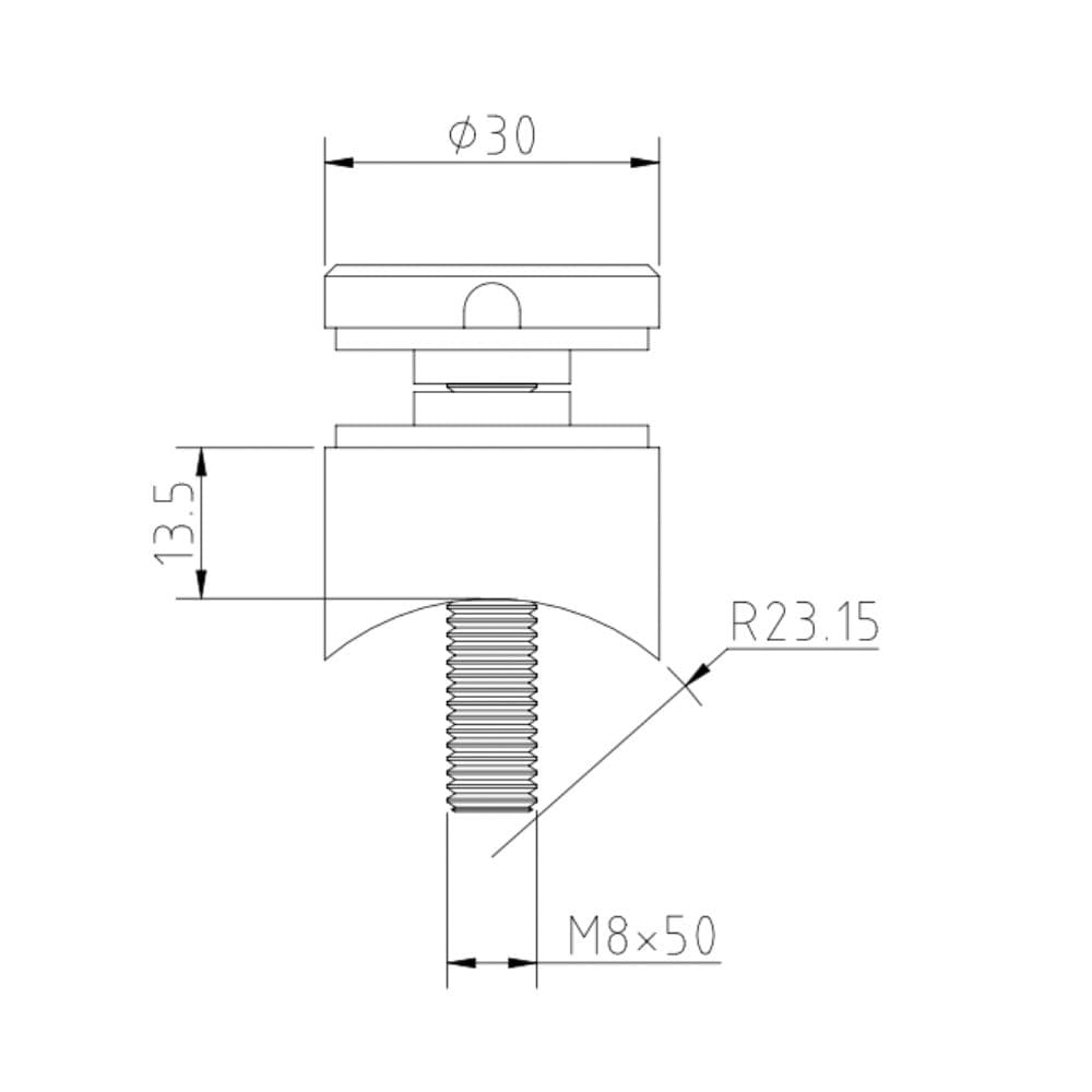 30mm Glass Adaptor for round post technical drawing