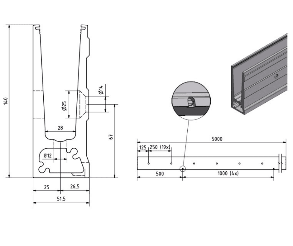 2.5m or 5m Side Drilled Channel