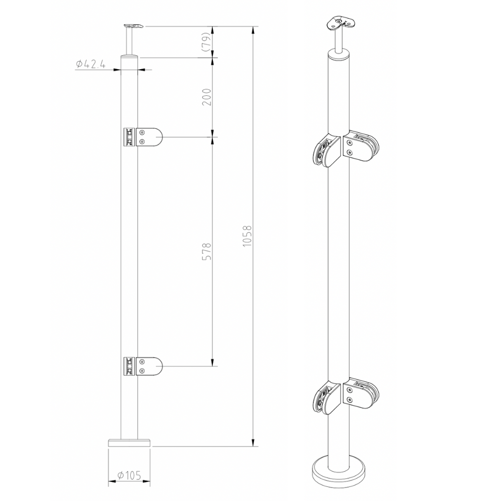 Corner Post With Handrail Bracket Diameter 42 x 2